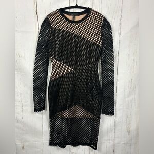 BCBGMAXAZRIA Asymmetrical Mesh Body-Con Dress Black Nude